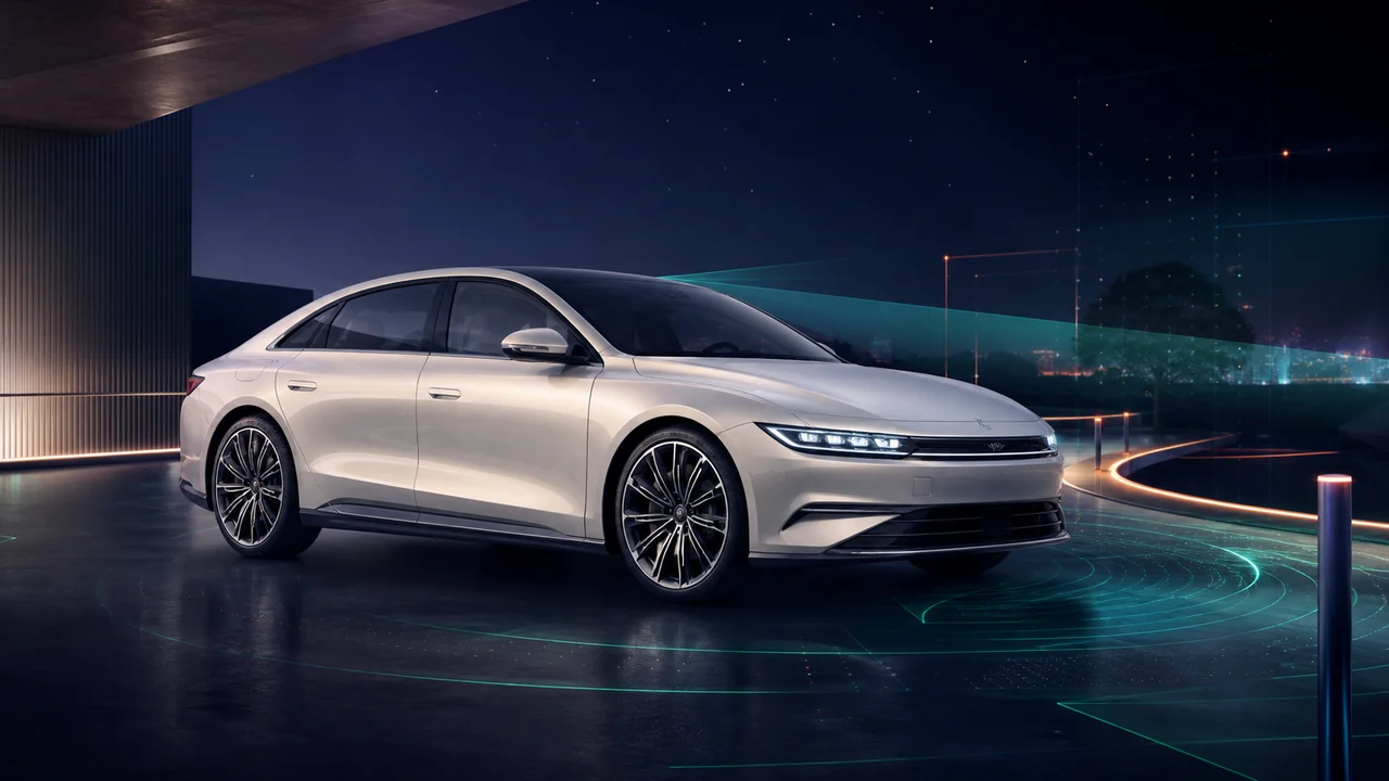 Editorial illustration of an unbranded executive sedan surrounded by sensor and software light paths.